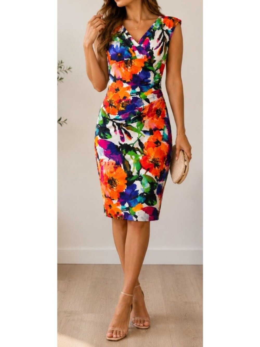 Lauren Ralph Lauren women Dress Floral Size  4P Sleeveless V-Neck Ruched Sheath